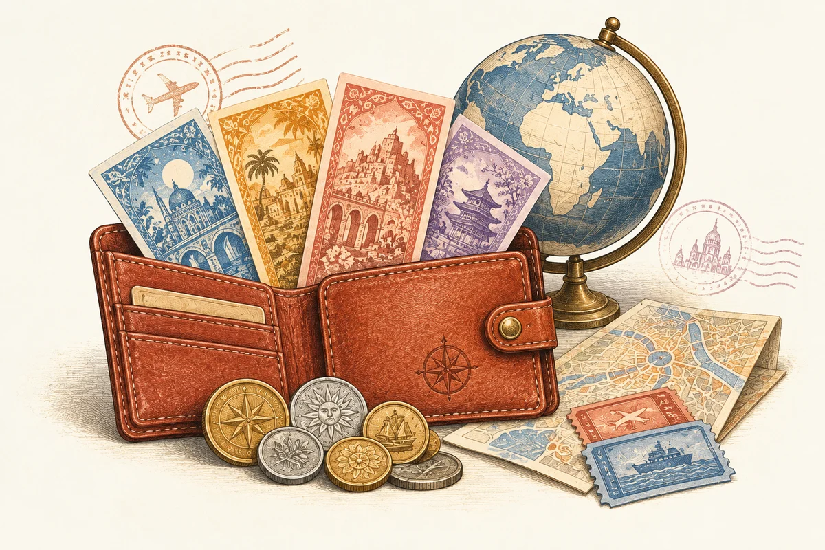 Illustration of a travel wallet with colorful banknotes and coins beside a globe and folded map