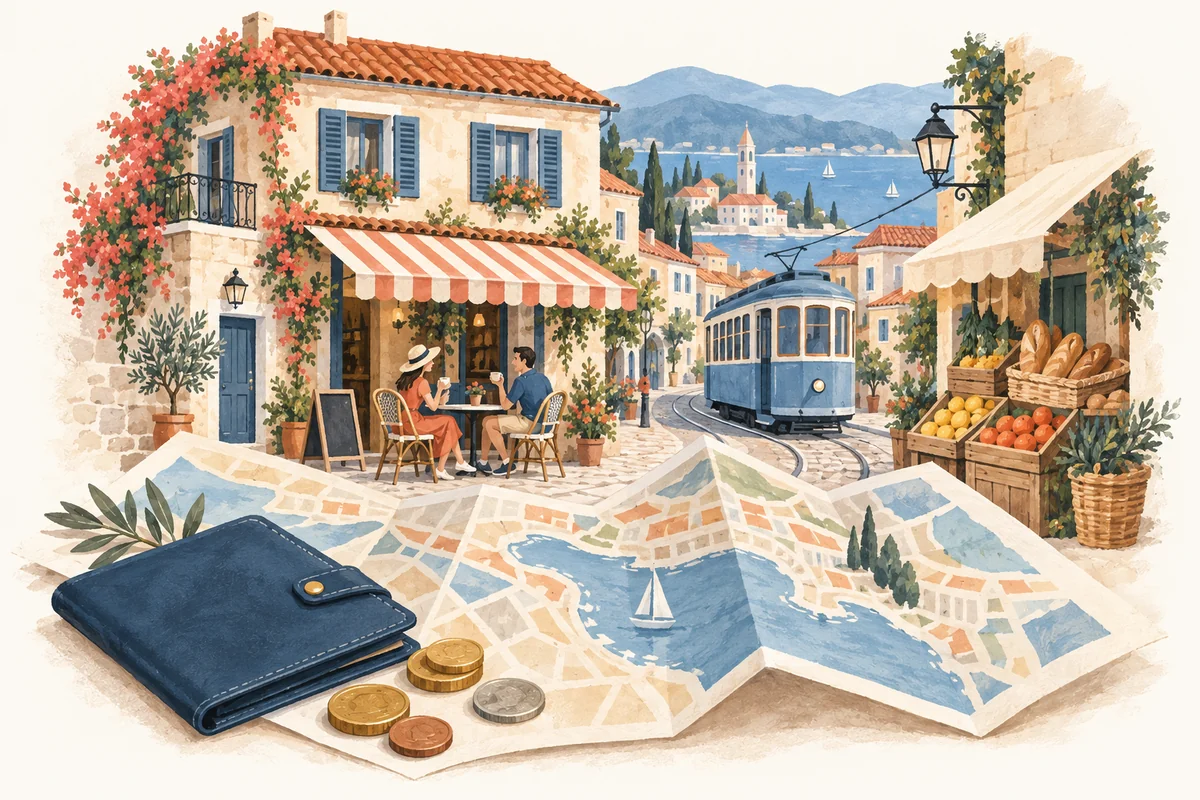 Illustrated European street with a café, guesthouse, blue tram and grocery stall on a folded travel map