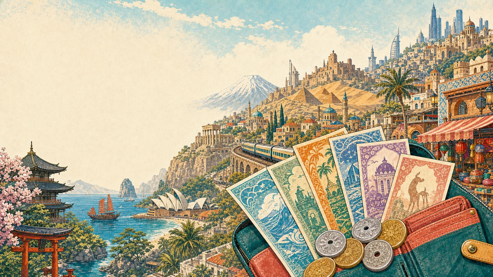 An illustrated travel wallet with banknotes, coins and landmarks from around the world