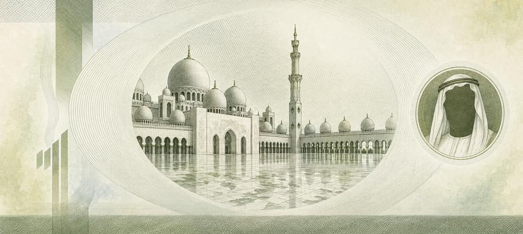 Illustration of a 10 AED banknote (UAE Dirham), featuring Sheikh Zayed Grand Mosque.