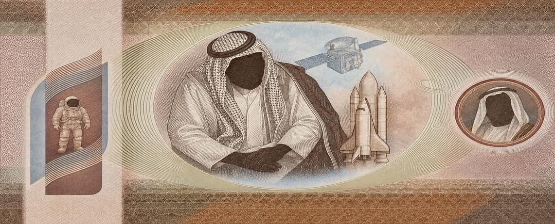 Illustration of a 1,000 AED banknote (UAE Dirham), featuring Sheikh Zayed and space exploration.