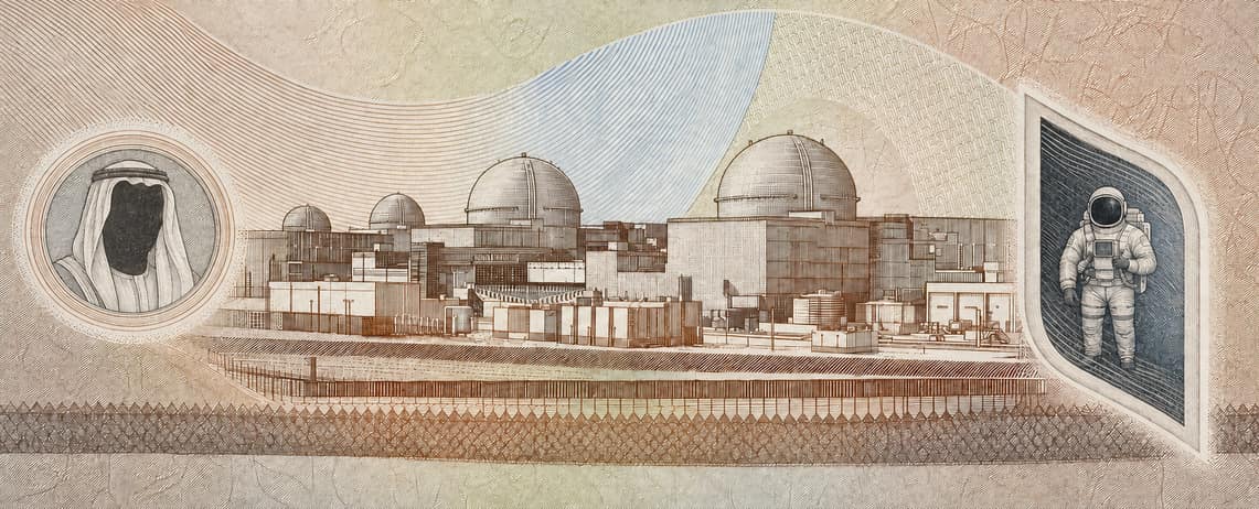Illustration of a 1,000 AED banknote (UAE Dirham), featuring Barakah plant.