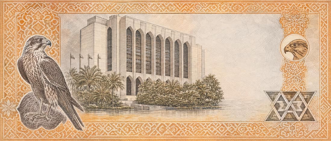 Illustration of a 200 AED banknote (UAE Dirham), featuring Central Bank.