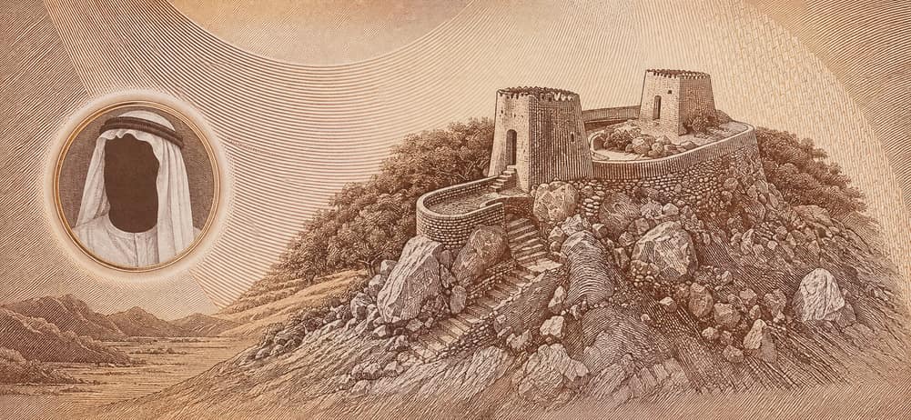 Illustration of a 5 AED banknote (UAE Dirham), featuring Dhayah Fort.