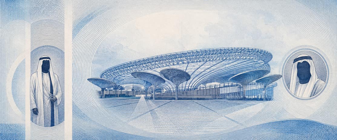 Illustration of a 500 AED banknote (UAE Dirham), featuring Terra Sustainability Pavilion.