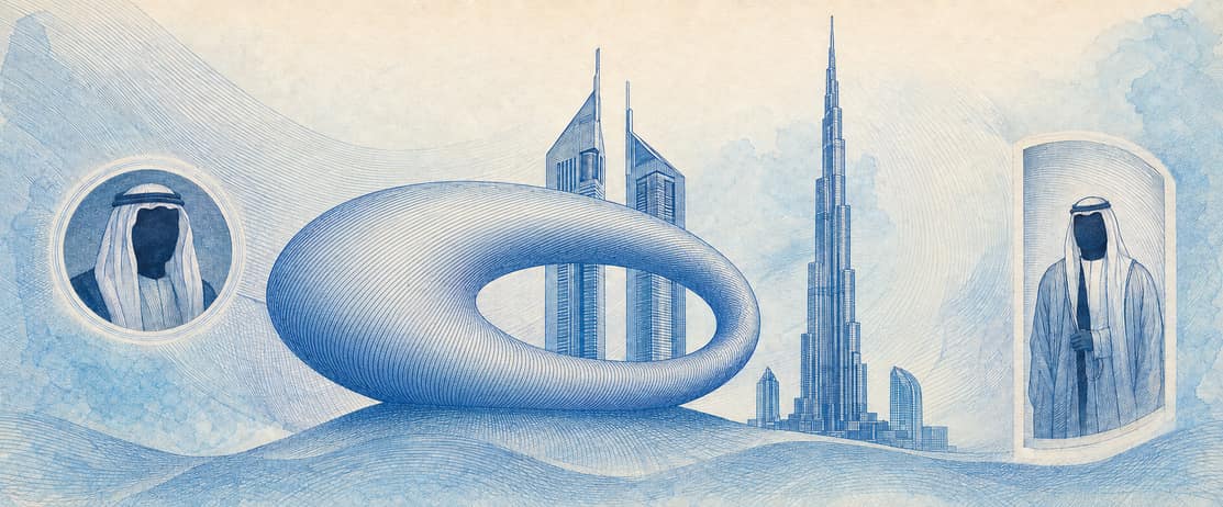 Illustration of a 500 AED banknote (UAE Dirham), featuring Dubai landmarks.