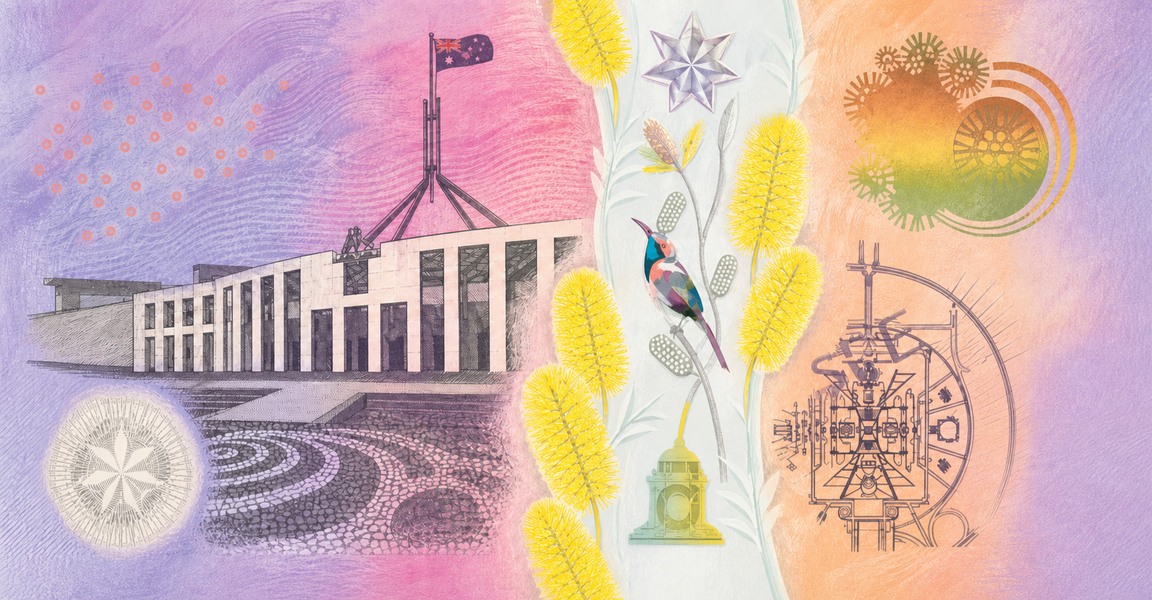 Illustration of a 5 AUD banknote (Australian Dollar), featuring Parliament House and Eastern Spinebill.