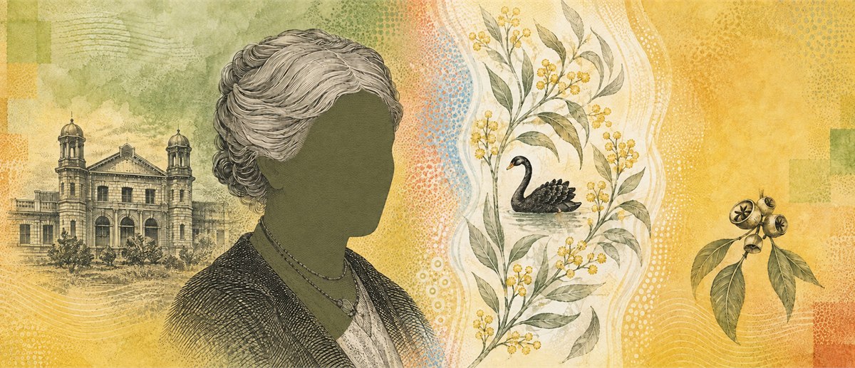 Illustration of a 50 AUD banknote (Australian Dollar), featuring Edith Cowan and women's hospital.