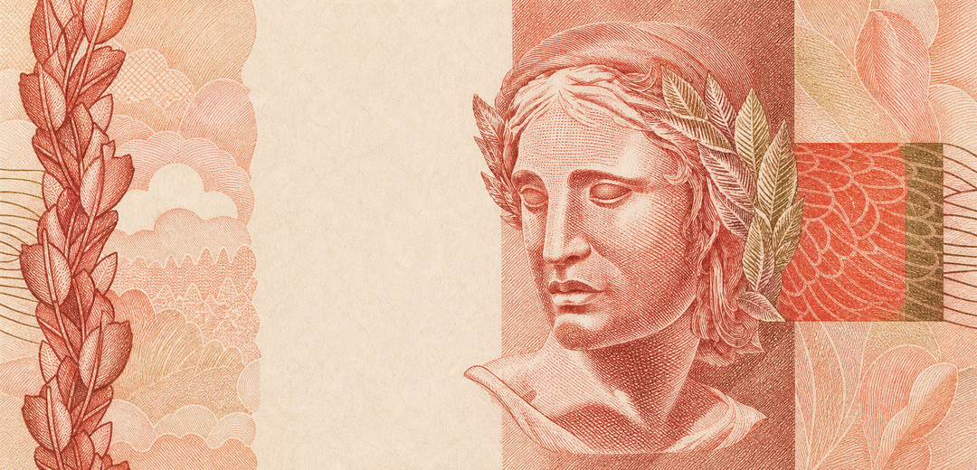 Illustration of a 10 BRL banknote (Brazilian Real), featuring Effigy of the Republic.