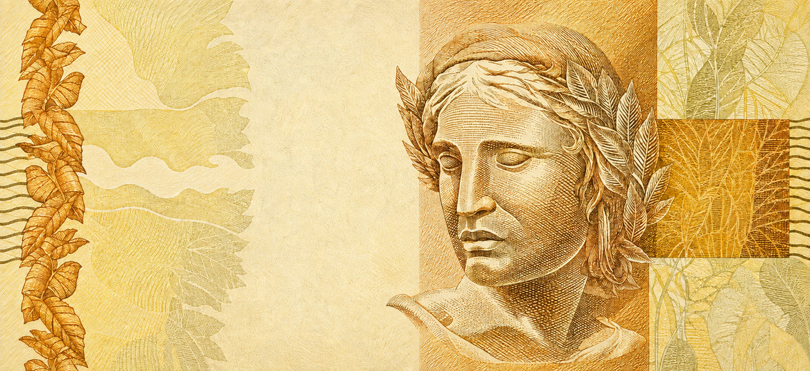 Illustration of a 20 BRL banknote (Brazilian Real), featuring Effigy of the Republic.