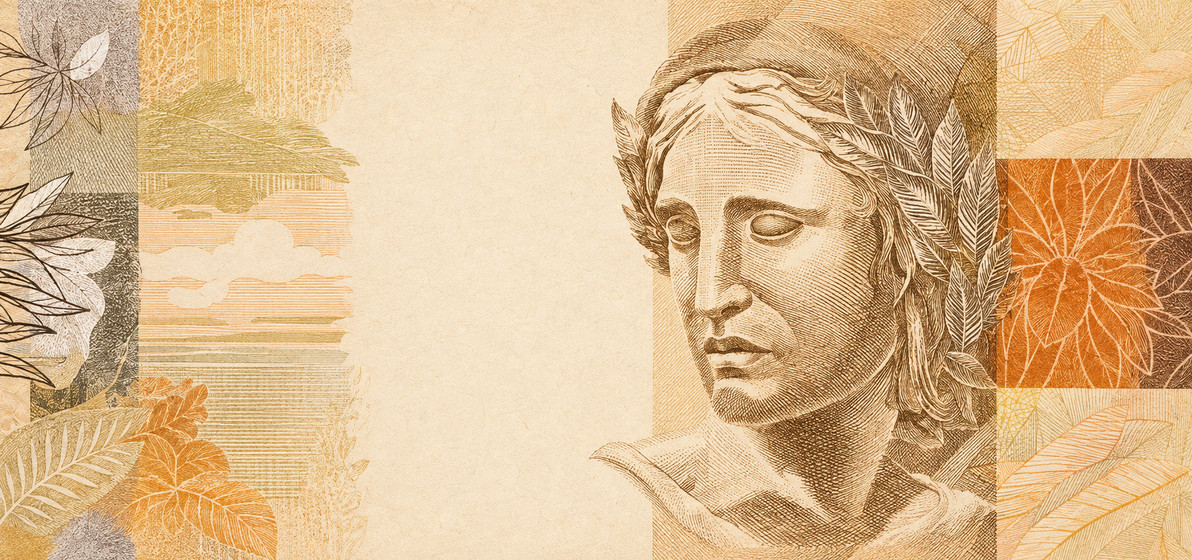 Illustration of a 50 BRL banknote (Brazilian Real), featuring Effigy of the Republic.