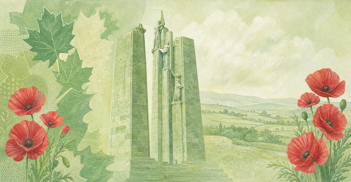 Illustration of a 20 CAD banknote (Canadian Dollar), featuring Vimy Memorial.