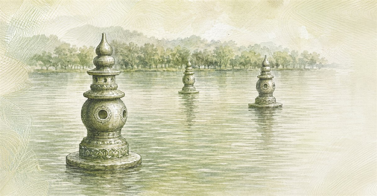 Illustration of a 1 CNY banknote (Chinese Yuan), featuring West Lake.