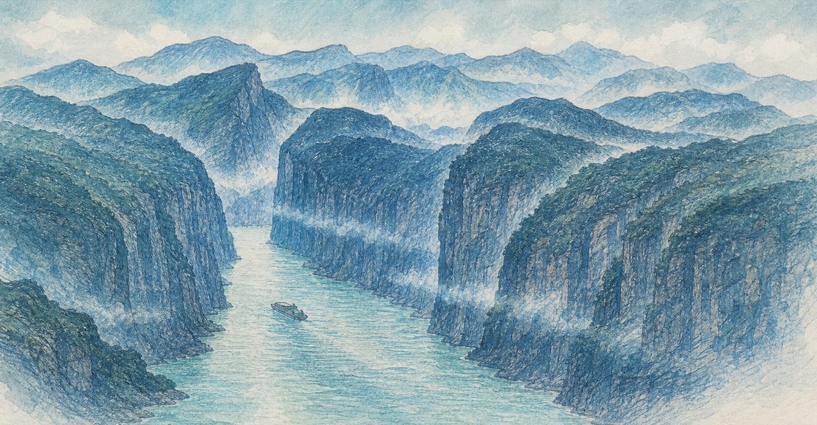 Illustration of a 10 CNY banknote (Chinese Yuan), featuring Three Gorges and Kuimen.