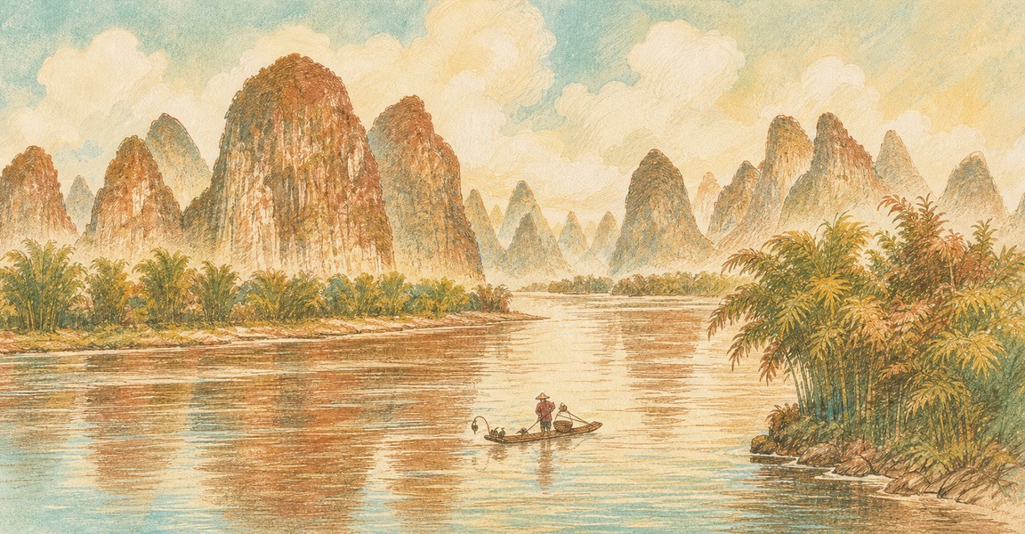 Illustration of a 20 CNY banknote (Chinese Yuan), featuring Guilin landscape.
