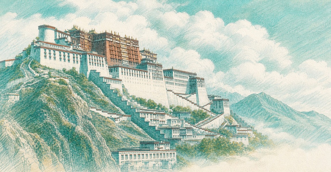 Illustration of a 50 CNY banknote (Chinese Yuan), featuring Potala Palace.