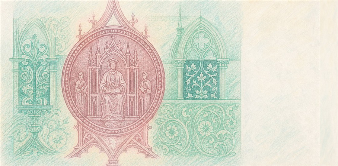 Illustration of a 100 CZK banknote (Czech Koruna), featuring Charles University seal.