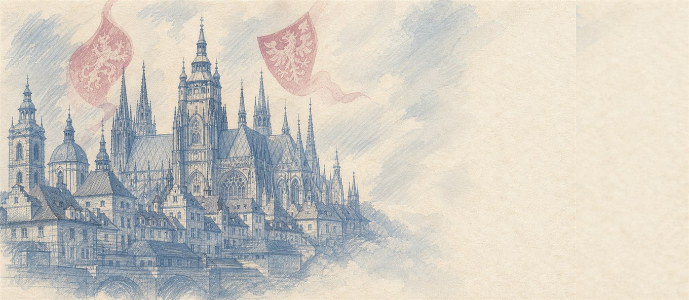 Illustration of a 5,000 CZK banknote (Czech Koruna), featuring Prague landmarks.