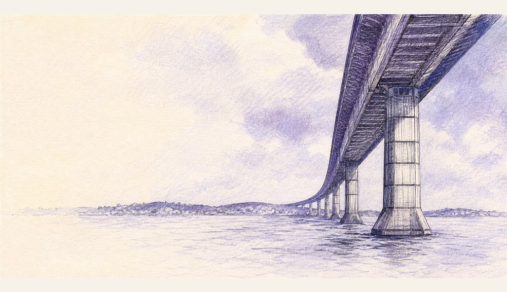 Illustration of a 50 DKK banknote (Danish Krone), featuring Sallingsund Bridge.