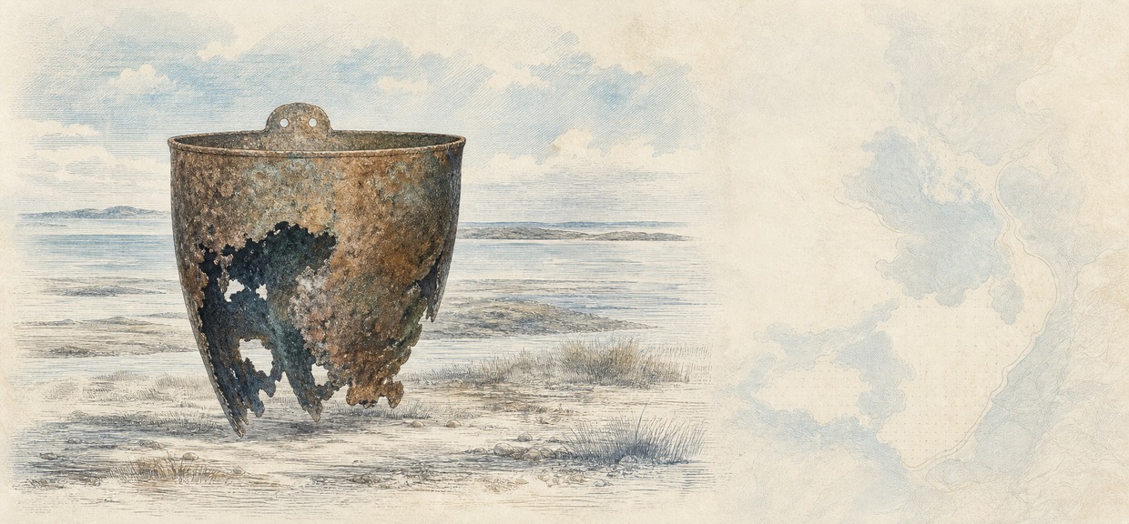 Illustration of a 500 DKK banknote (Danish Krone), featuring Keldby Bronze Pail.