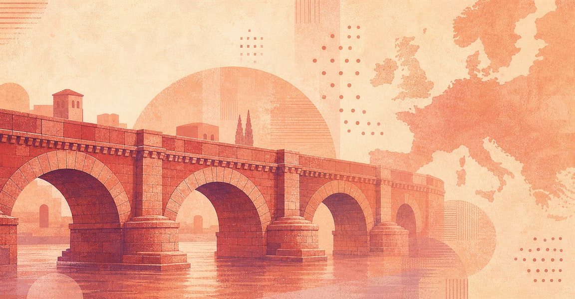 Illustration of a 10 EUR banknote (Euro), featuring Romanesque bridge.