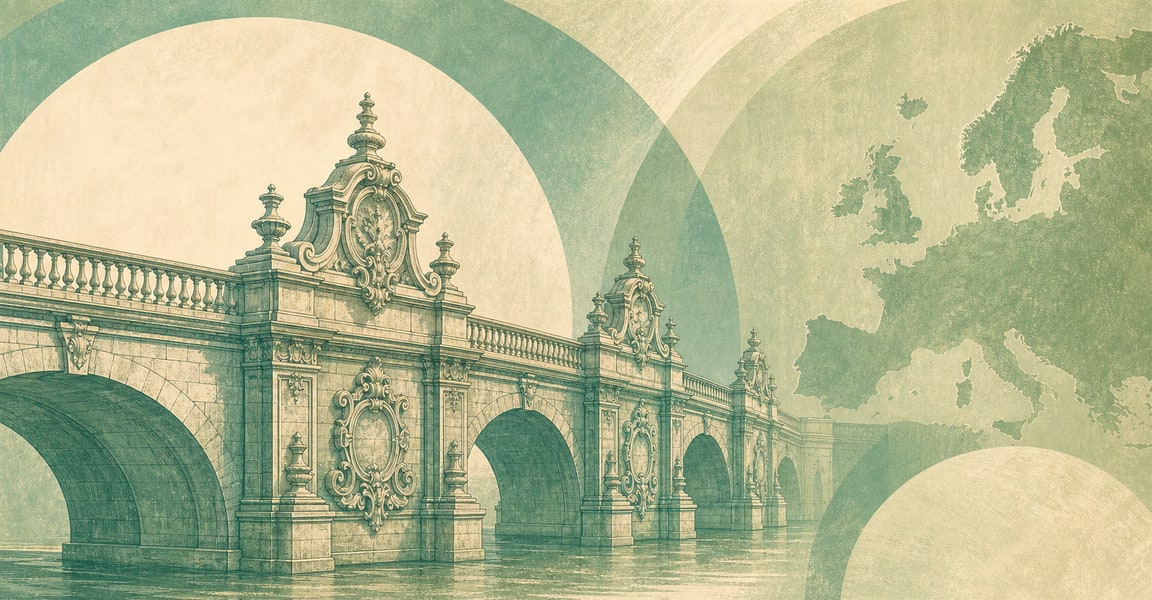 Illustration of a 100 EUR banknote (Euro), featuring Baroque and Rococo bridge.