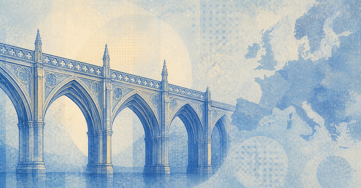 Illustration of a 20 EUR banknote (Euro), featuring Gothic bridge.