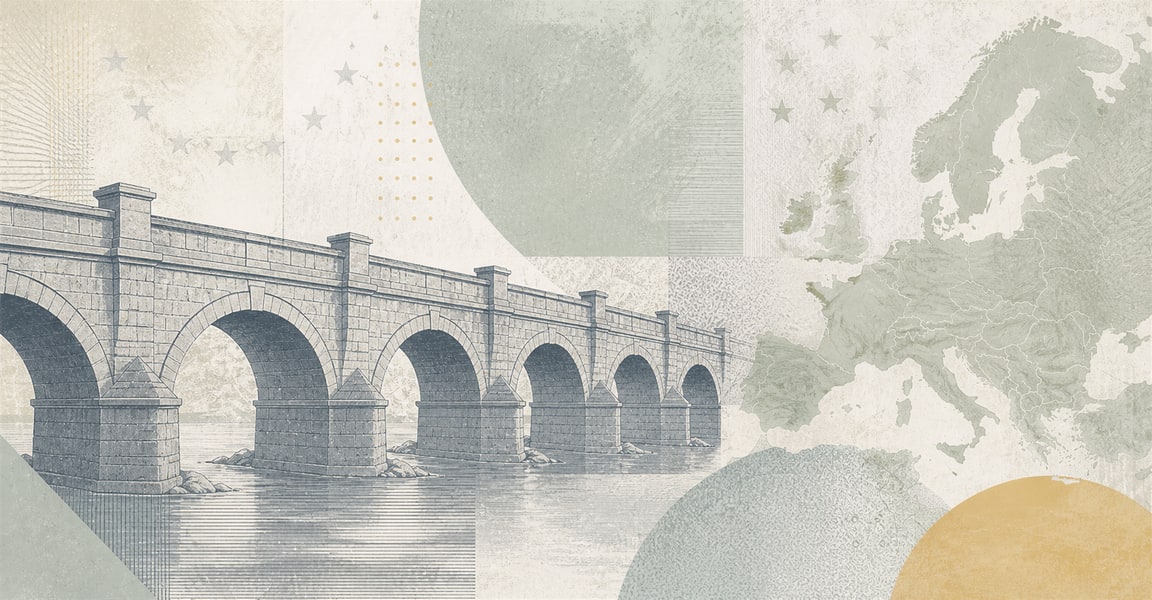 Illustration of a 5 EUR banknote (Euro), featuring Classical bridge.