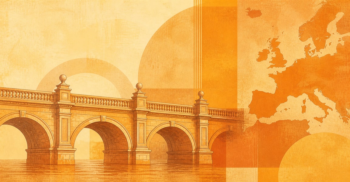Illustration of a 50 EUR banknote (Euro), featuring Renaissance bridge.