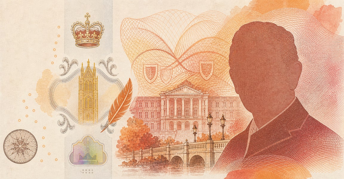 Illustration of a 10 GBP banknote (Pound Sterling), featuring King Charles III portrait side.