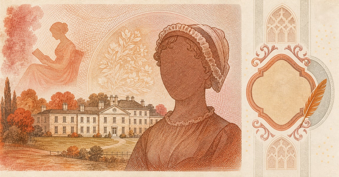Illustration of a 10 GBP banknote (Pound Sterling), featuring Jane Austen.