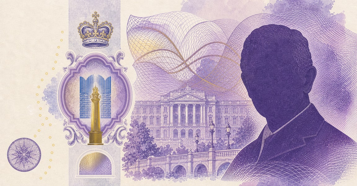Illustration of a 20 GBP banknote (Pound Sterling), featuring King Charles III portrait side.