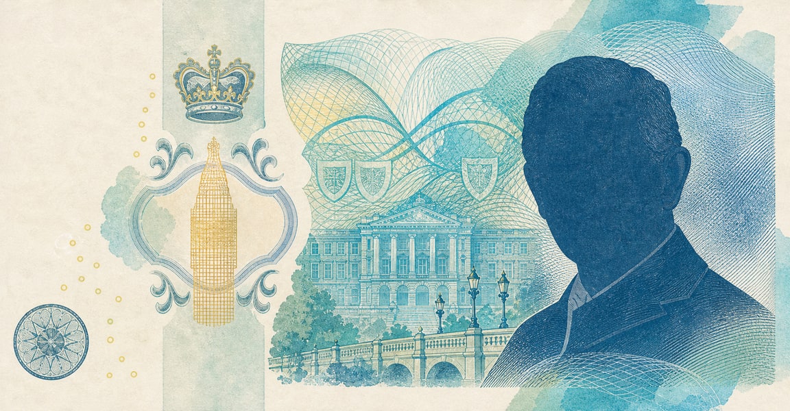 Illustration of a 5 GBP banknote (Pound Sterling), featuring King Charles III portrait side.
