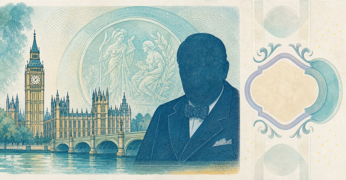 Illustration of a 5 GBP banknote (Pound Sterling), featuring Winston Churchill.