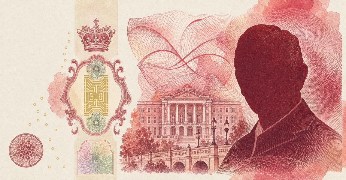 Illustration of a 50 GBP banknote (Pound Sterling), featuring King Charles III portrait side.