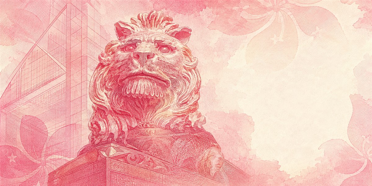 Illustration of a 100 HKD banknote (Hong Kong Dollar), featuring HSBC lion and Cantonese opera.