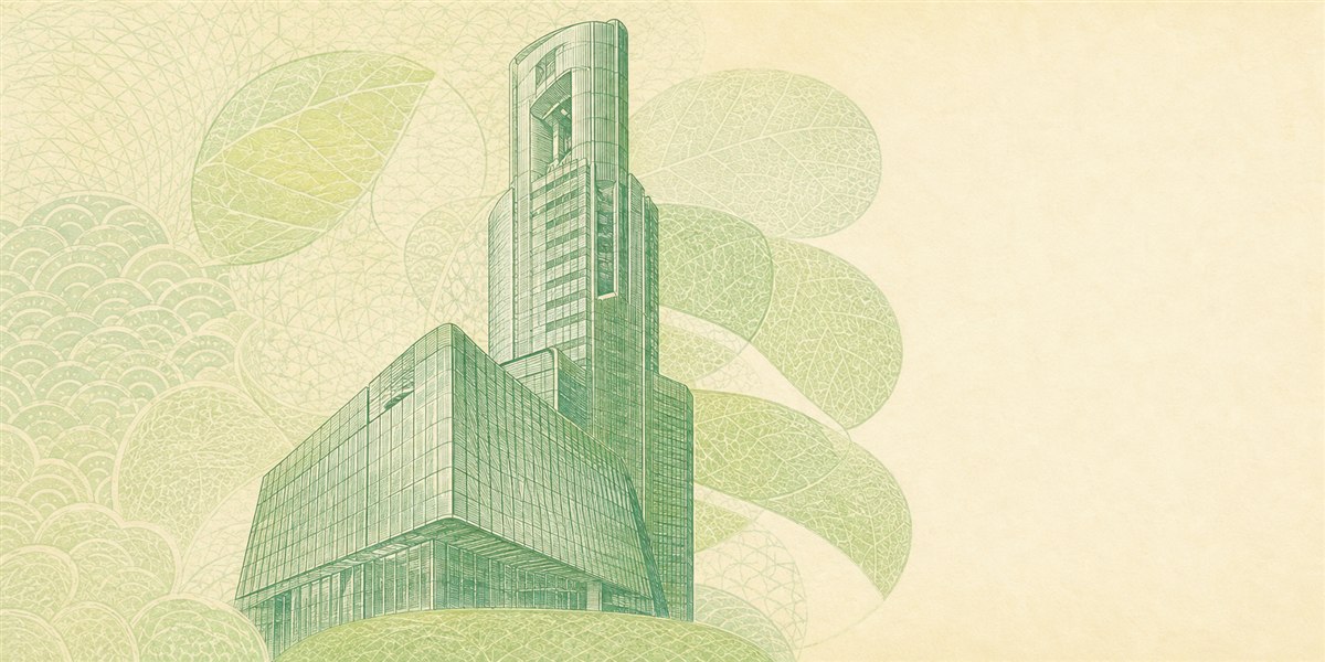 Illustration of a 50 HKD banknote (Hong Kong Dollar), featuring Standard Chartered tower and butterfly.