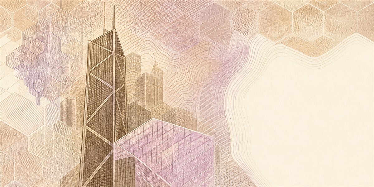 Illustration of a 500 HKD banknote (Hong Kong Dollar), featuring Bank of China tower and geopark.
