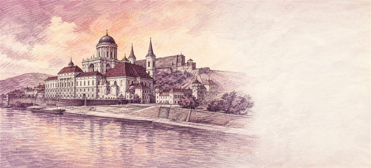 Illustration of a 10,000 HUF banknote (Hungarian Forint), featuring View of Esztergom.