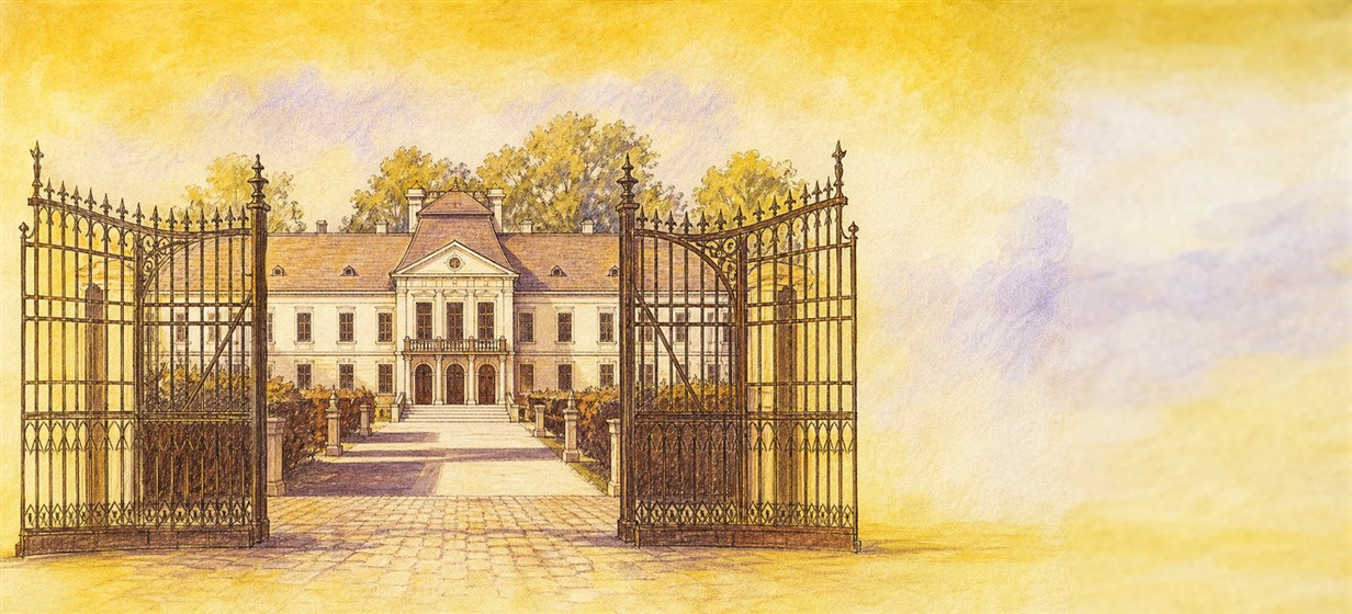 Illustration of a 5,000 HUF banknote (Hungarian Forint), featuring Széchenyi Mansion.