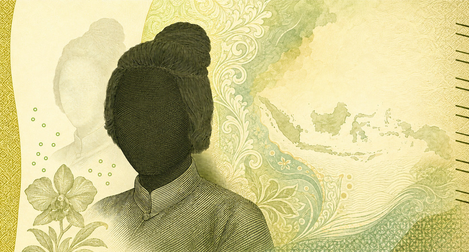 Illustration of a 1,000 IDR banknote (Indonesian Rupiah), featuring Tjut Meutia.
