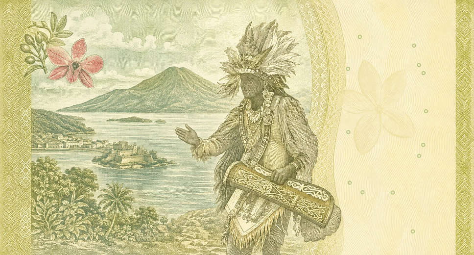 Illustration of a 1,000 IDR banknote (Indonesian Rupiah), featuring Tifa dance & Banda Neira.
