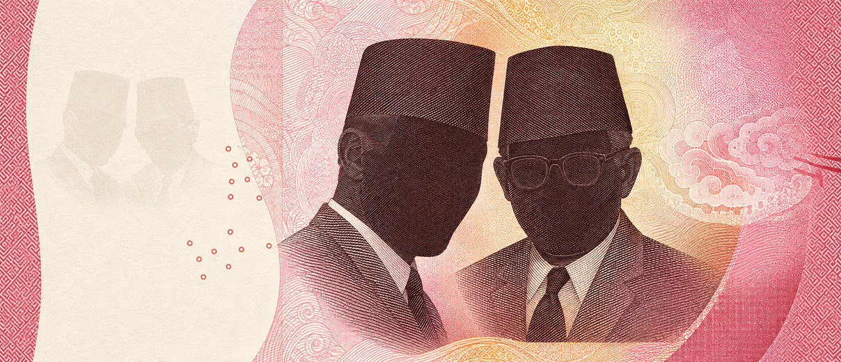 Illustration of a 100,000 IDR banknote (Indonesian Rupiah), featuring Soekarno & Mohammad Hatta.
