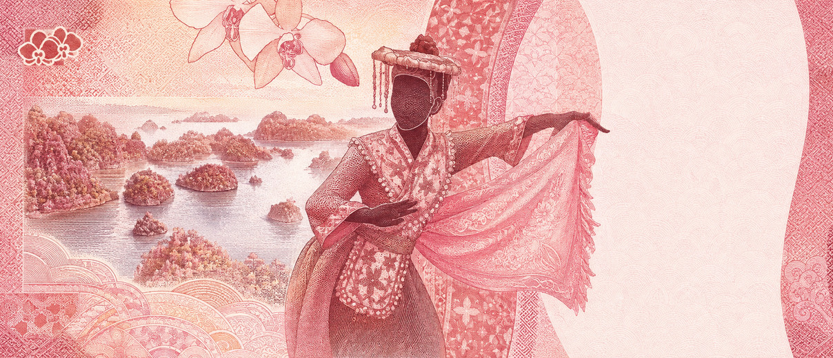 Illustration of a 100,000 IDR banknote (Indonesian Rupiah), featuring Betawi mask dance & Raja Ampat.