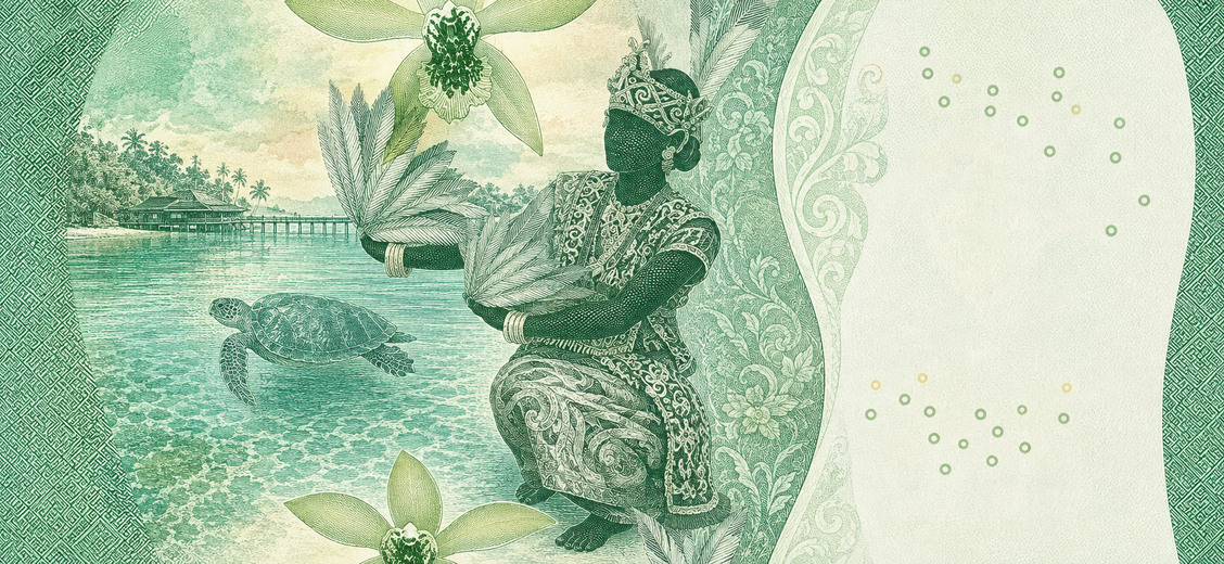 Illustration of a 20,000 IDR banknote (Indonesian Rupiah), featuring Gong dance & Derawan Islands.