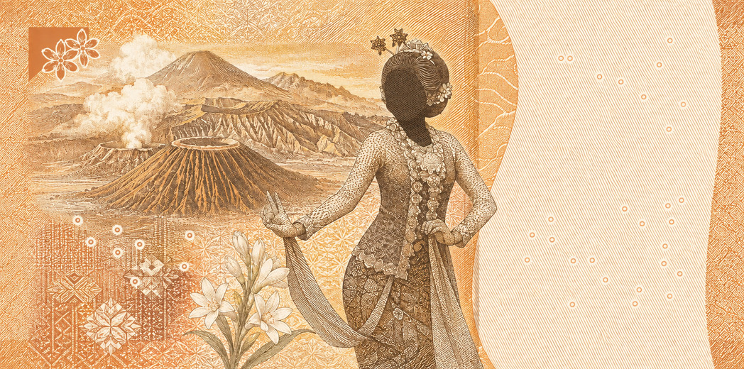 Illustration of a 5,000 IDR banknote (Indonesian Rupiah), featuring Gambyong dance & Mount Bromo.