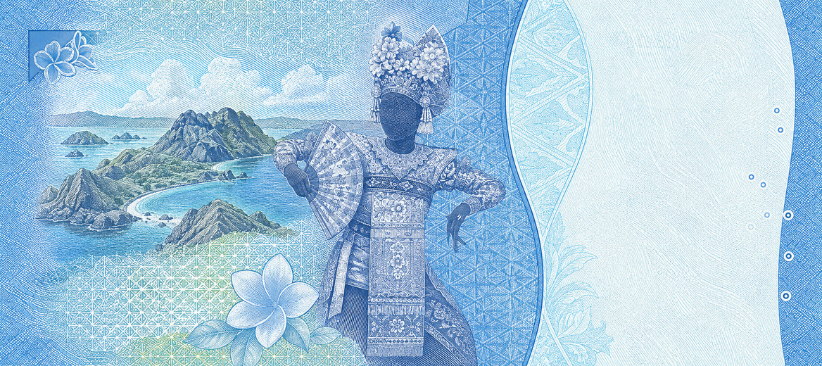 Illustration of a 50,000 IDR banknote (Indonesian Rupiah), featuring Legong dance & Komodo National Park.