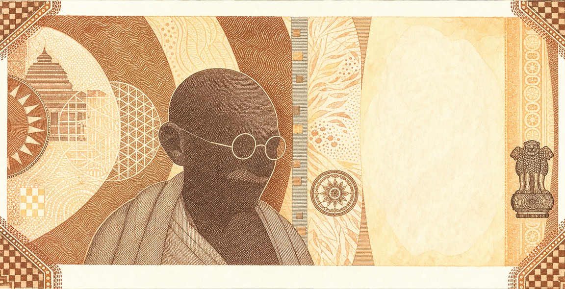 Illustration of a 10 INR banknote (Indian Rupee), featuring Mahatma Gandhi.