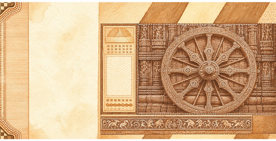 Illustration of a 10 INR banknote (Indian Rupee), featuring Konark chariot wheel.