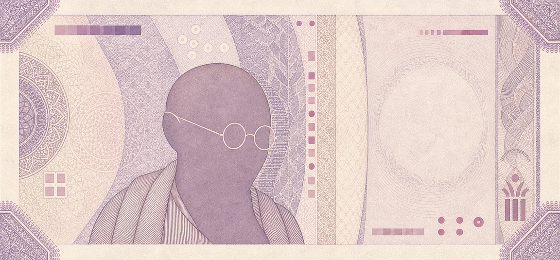 Illustration of a 100 INR banknote (Indian Rupee), featuring Mahatma Gandhi.